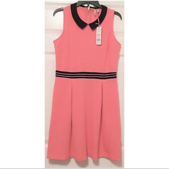 ELLE Dress Pleated Fit & Flare Retro Sleeveless Coral Black Small - Picture 3 of 5